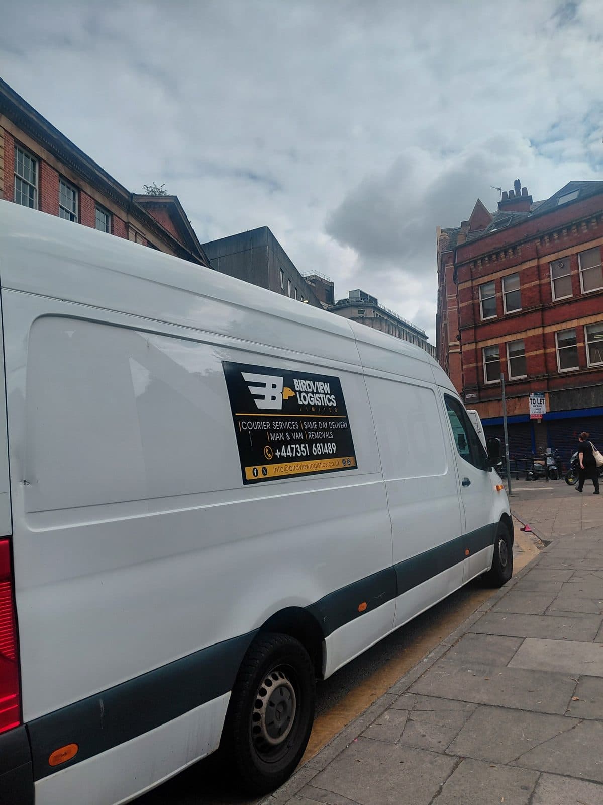 Birdview Logistics branded van parked in Liverpool city centre